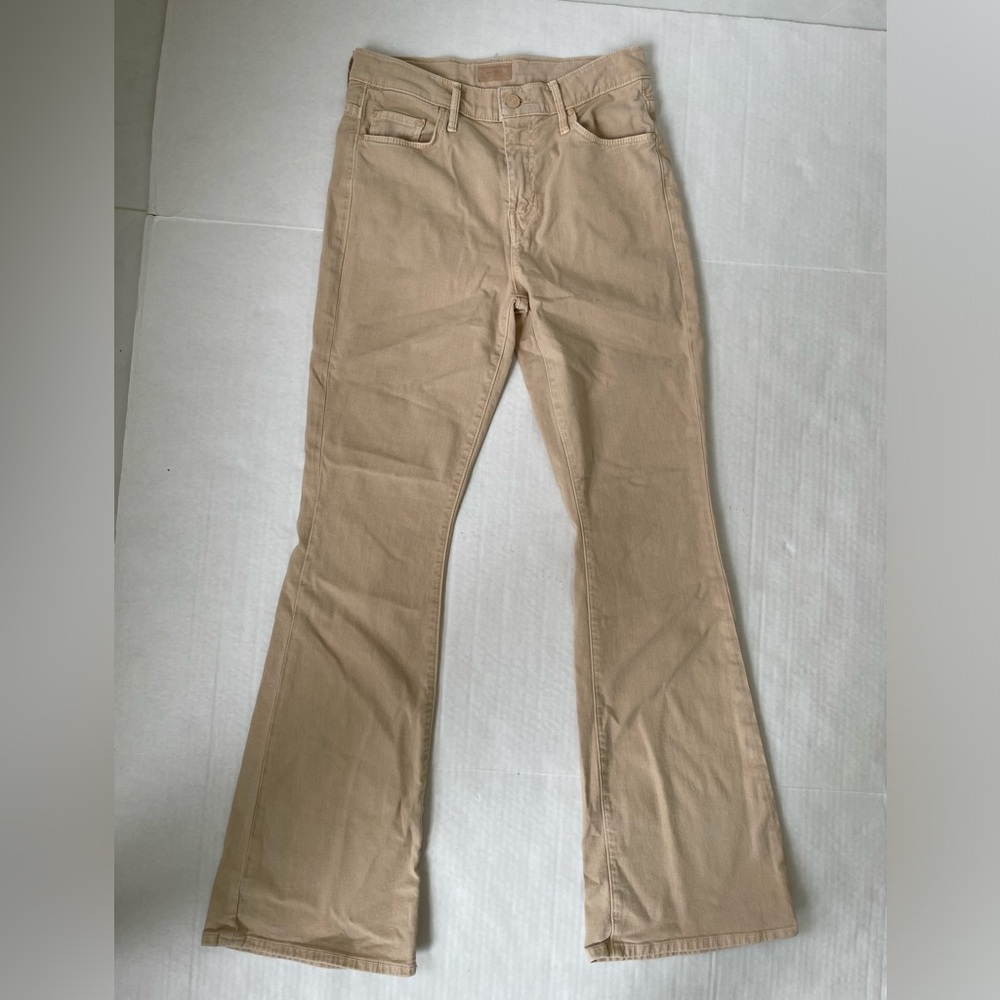 Mother The Weekender Mid Rise Flare Jeans in Marzipan Khaki Tan Sz 28